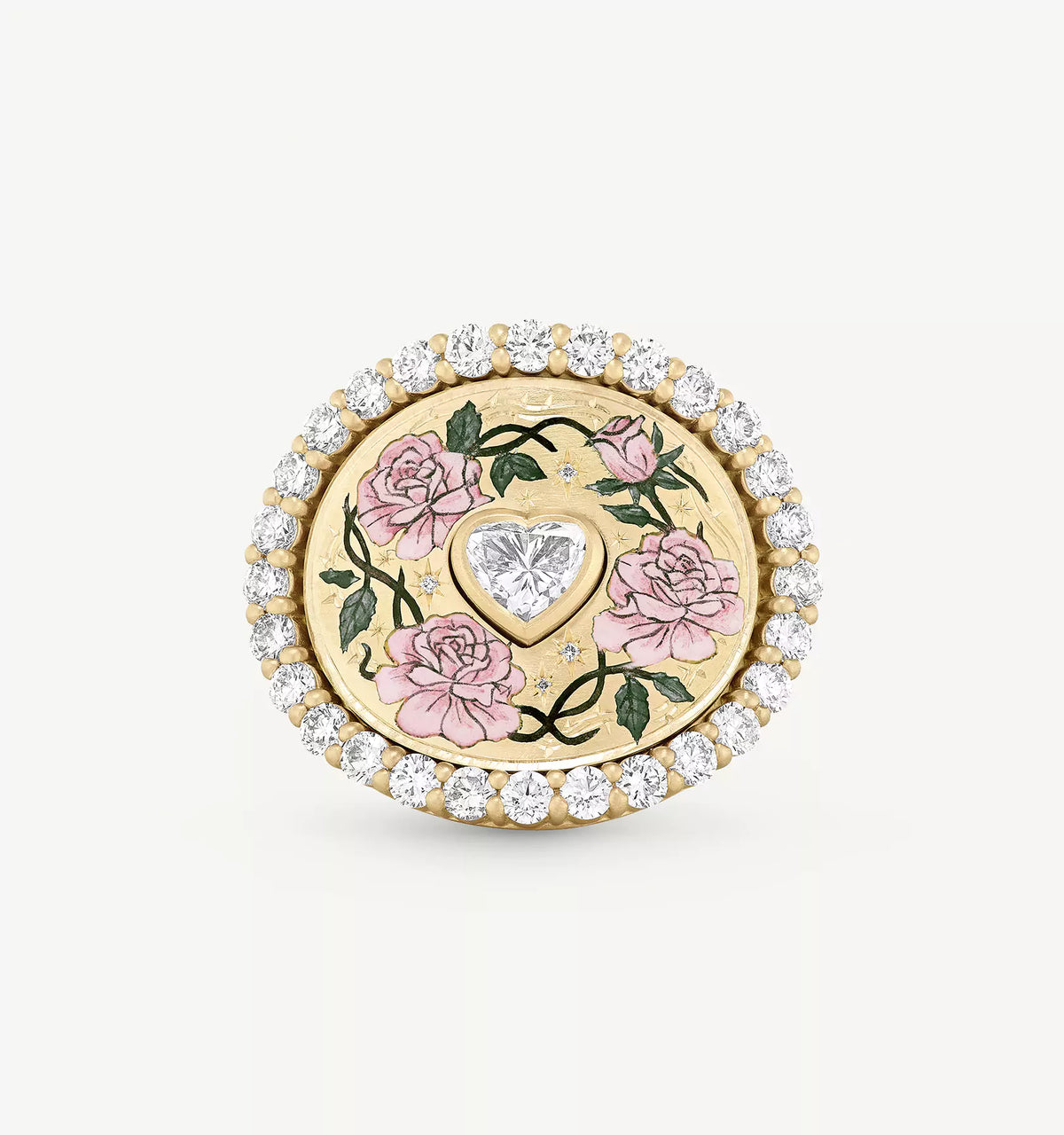 Gold ring with heart-shaped diamond centrepiece and pink rose enamel design, surrounded by a halo of diamonds.