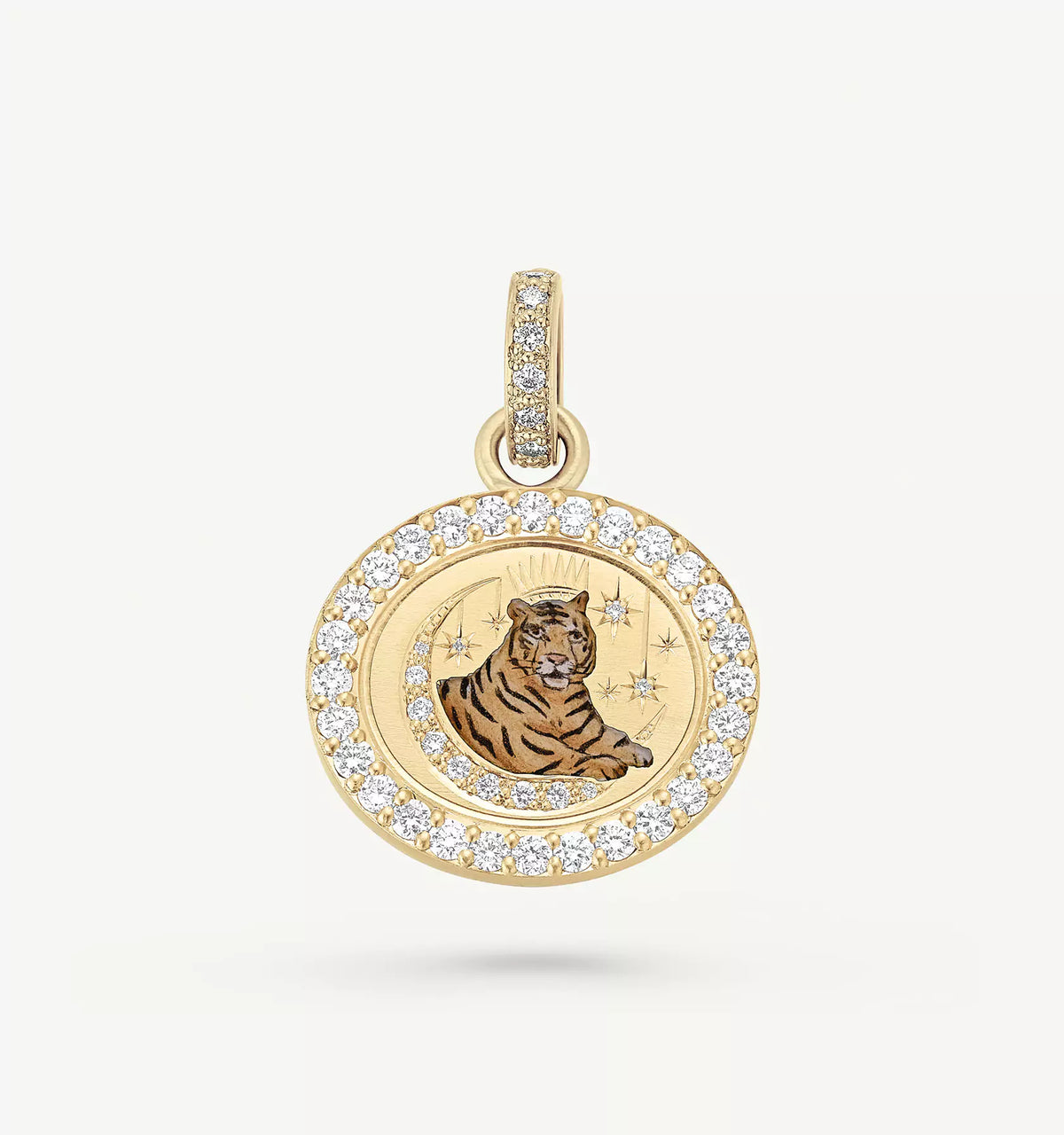 Gold pendant featuring a tiger motif with enamel details, surrounded by a halo of round diamonds.