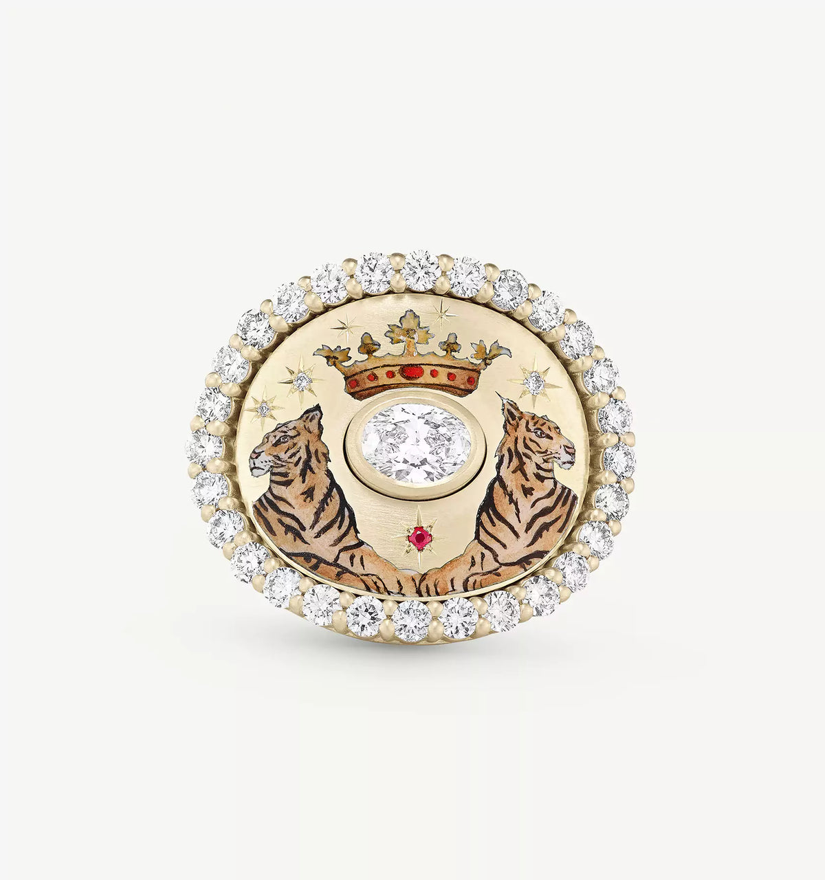 Gold ring featuring two tigers with a crown, surrounded by a halo of diamonds and a central oval diamond.