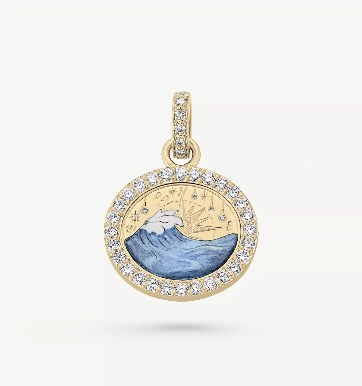 Gold pendant featuring a wave design in enamel surrounded by a halo of diamonds.
