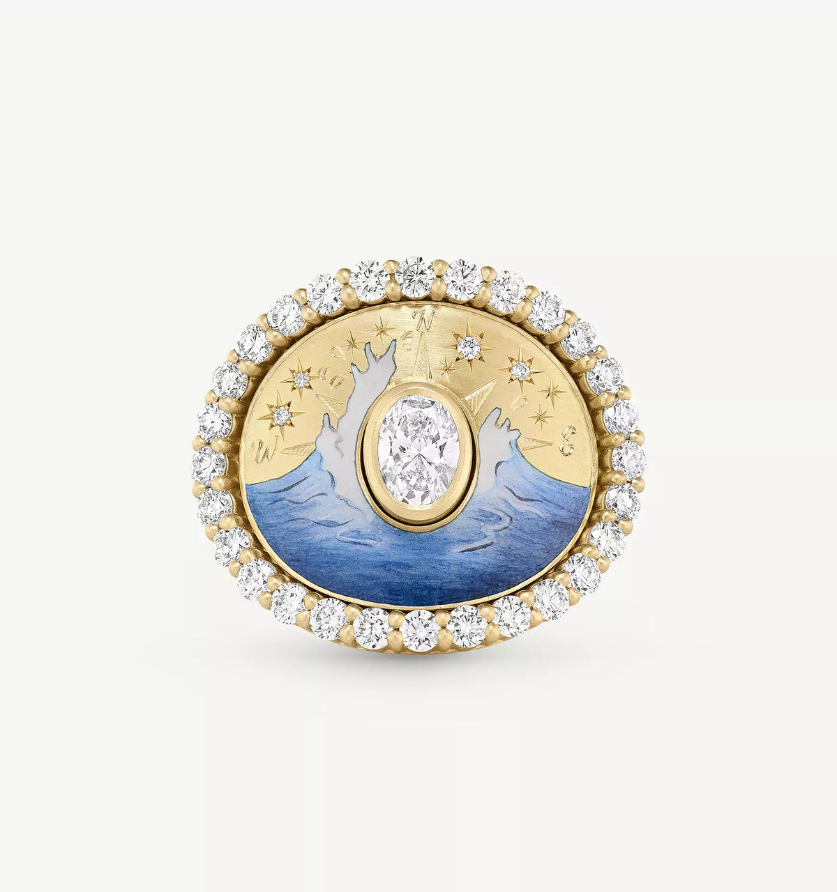 Gold ring featuring an oval diamond centre and blue enamel waves with diamond accents, set against a gold background.