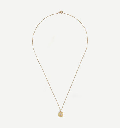 Gold necklace featuring an oval pendant with colourful enamel detailing.