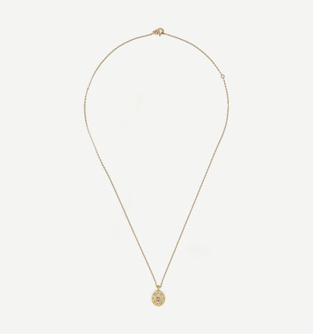 Gold necklace featuring an oval pendant with colourful enamel detailing.