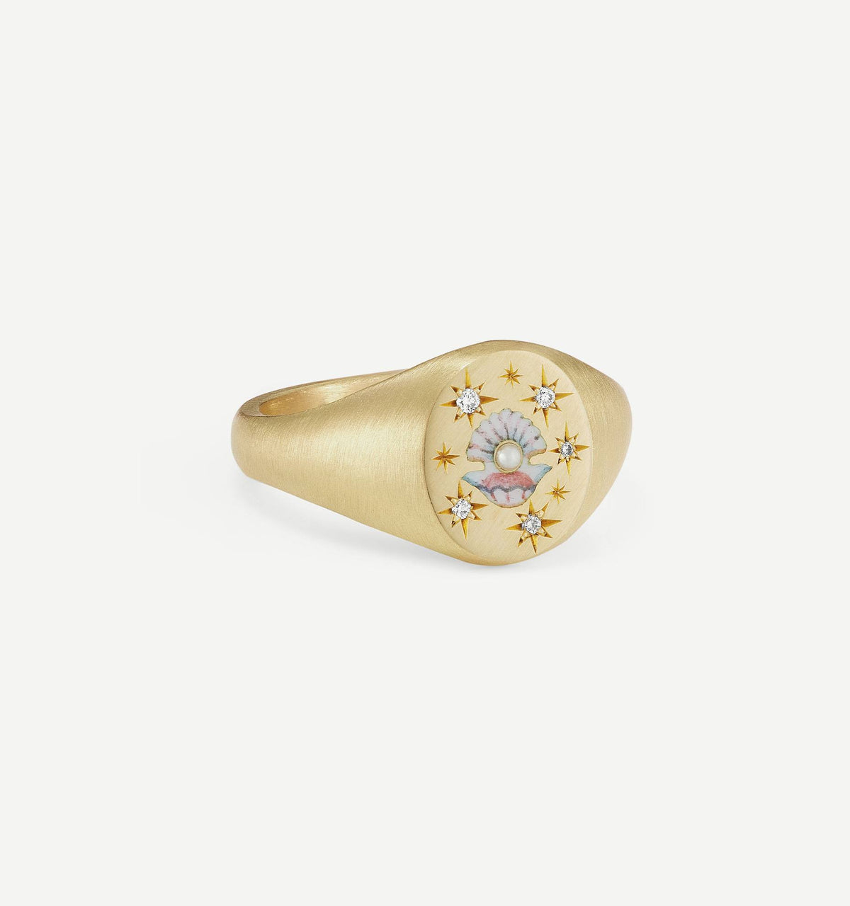 Gold signet ring featuring a hand-painted shell design, surrounded by five diamond accents and a central pearl.