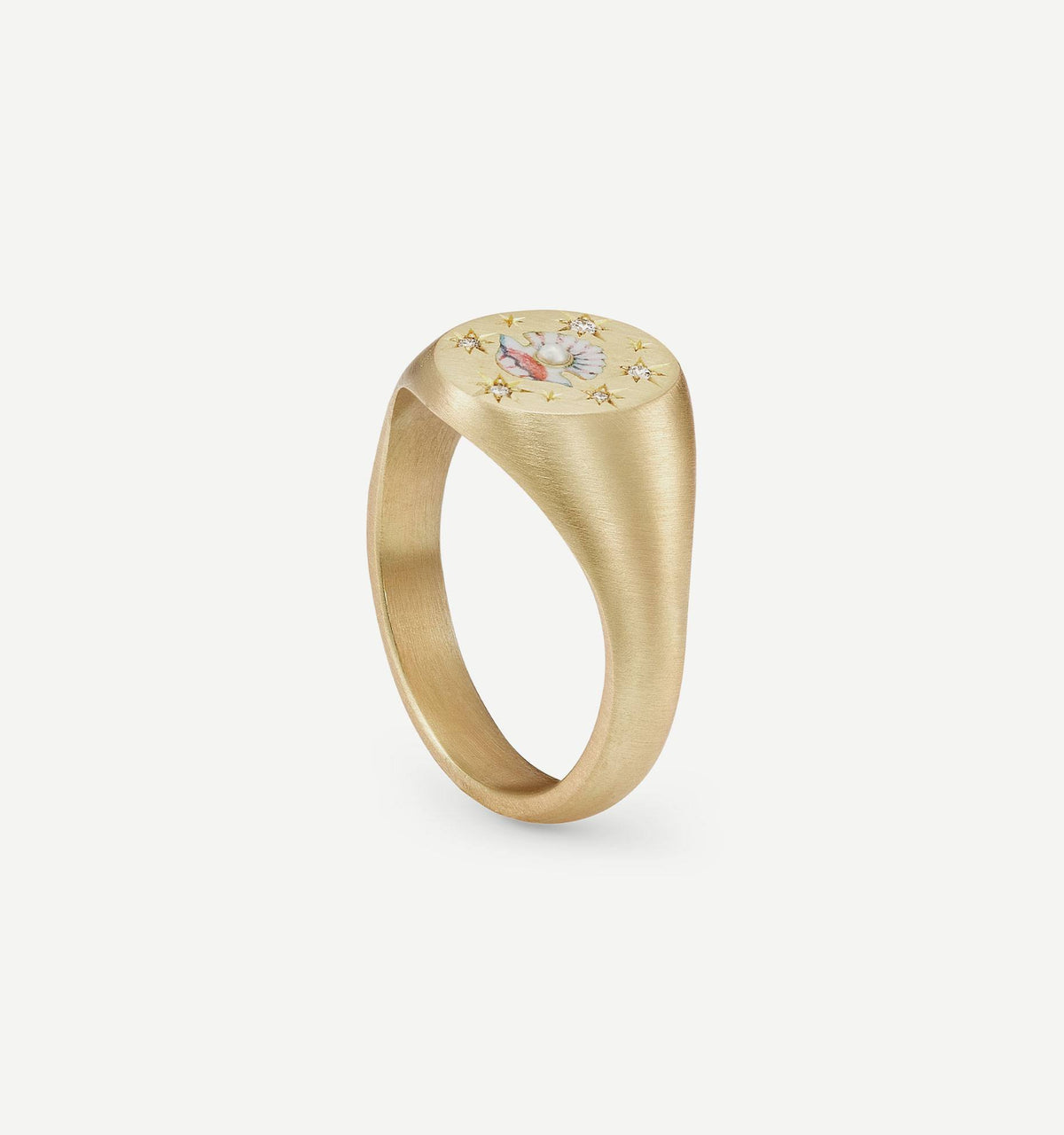 Gold ring with an enamel floral motif and decorative detailing.