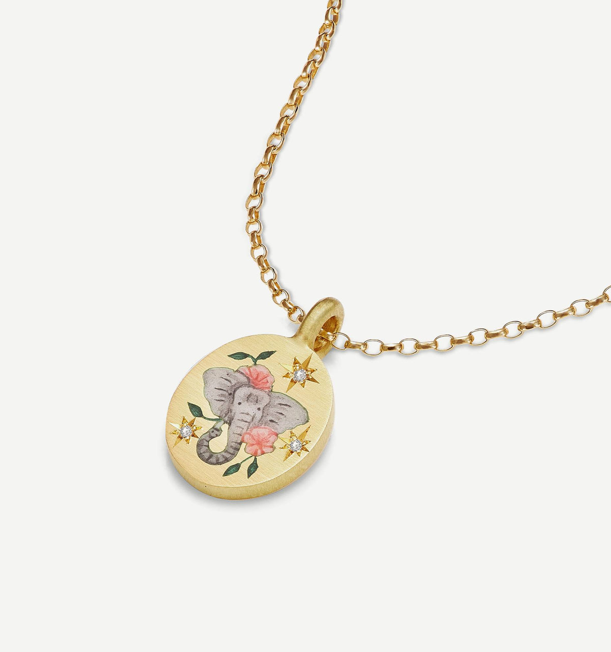 Gold pendant featuring an elephant design with flowers in enamel and small diamonds on a gold chain.