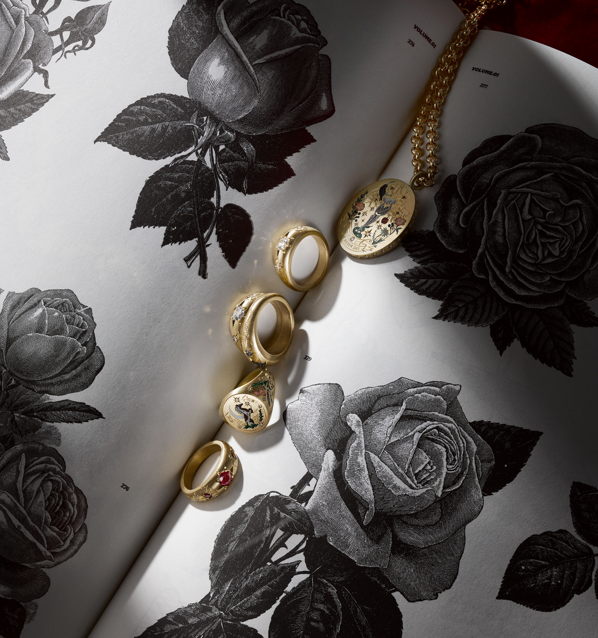 Gold rings and a pendant on an open book featuring black and white rose illustrations.