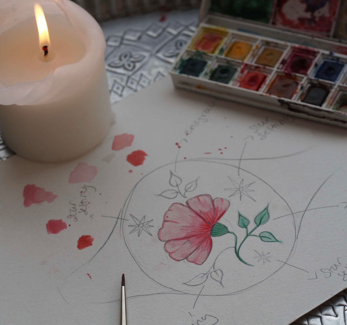 Watercolour design sketch of a pink flower with green leaves inside a circular pendant outline, with a lit candle, paintbrush, and paint palette alongside.