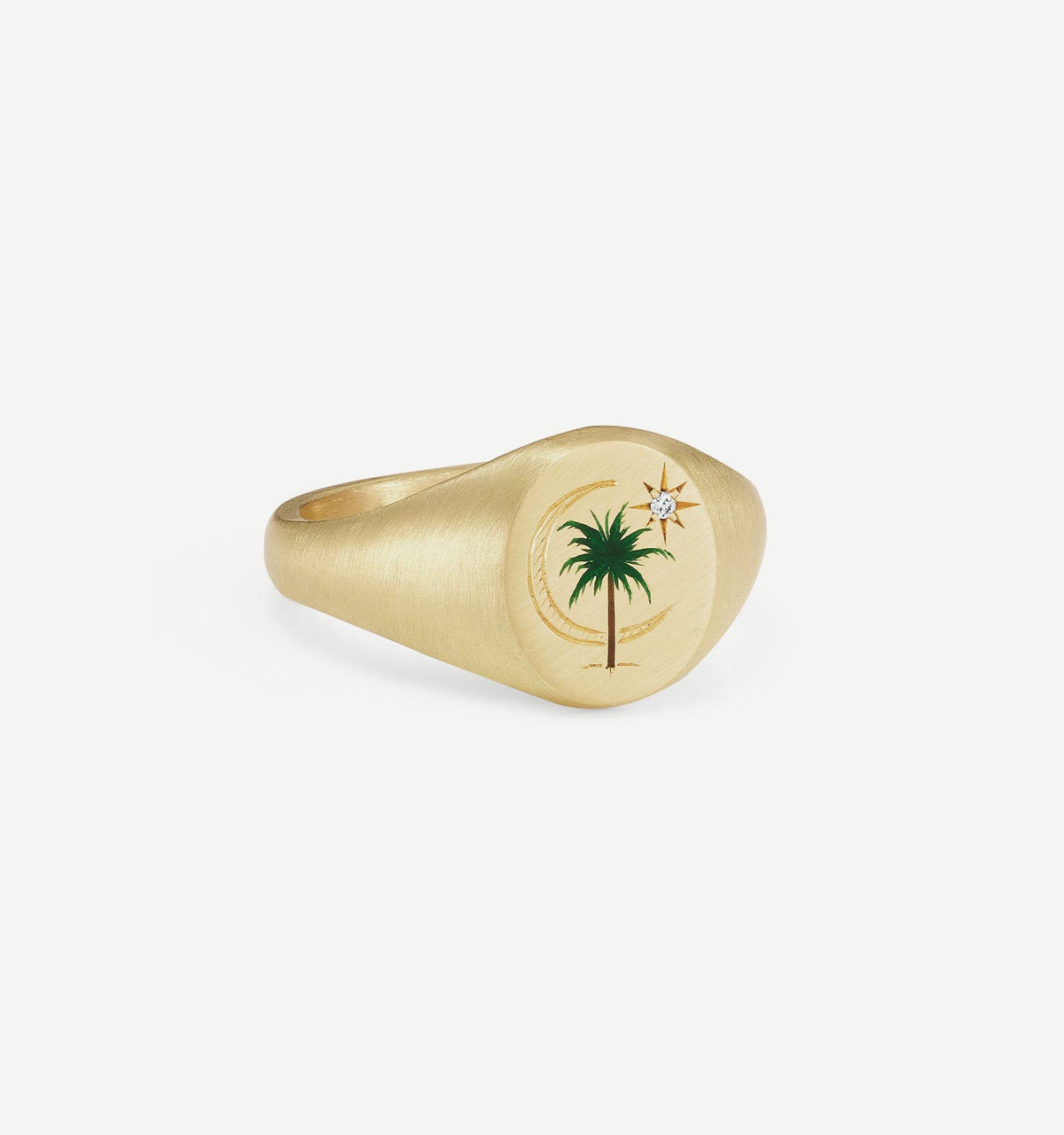 Gold signet ring featuring a palm tree and a sun motif, accented with a diamond.