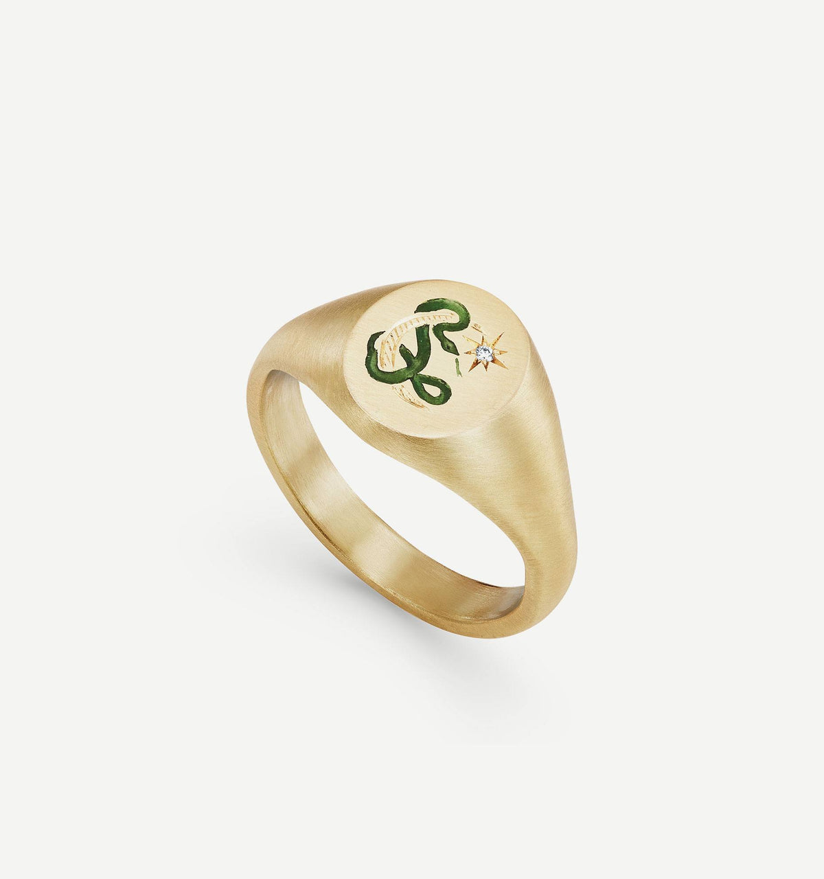 Gold signet ring featuring a green serpent motif and a diamond accent.